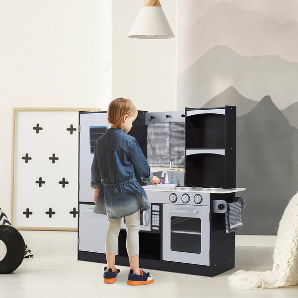 Leksakskök för barn - Träkök - Mått 105 x 31,5 x 95 cm - Material MDF P2 & furu - Från 3 år - Utan batterier - Silver och mörkbrun