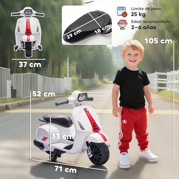 Elektrisk barnmotorcykel - 6V åkleksak - 2,5 km/h - 17,5 cm stödhjul - Strålkastare & tuta - 2–6 år - Vit