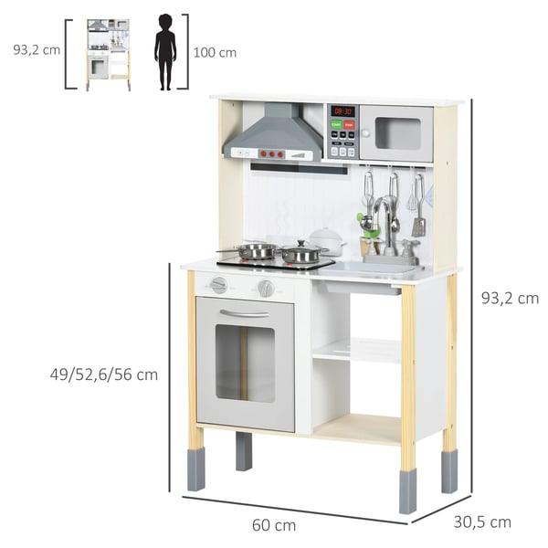 Barnkök i trä - Leksakskök - Ålder 3+ - MDF & Furu & PP-plast - Utan Batteri - 60×30,5×93,2 cm - Vit