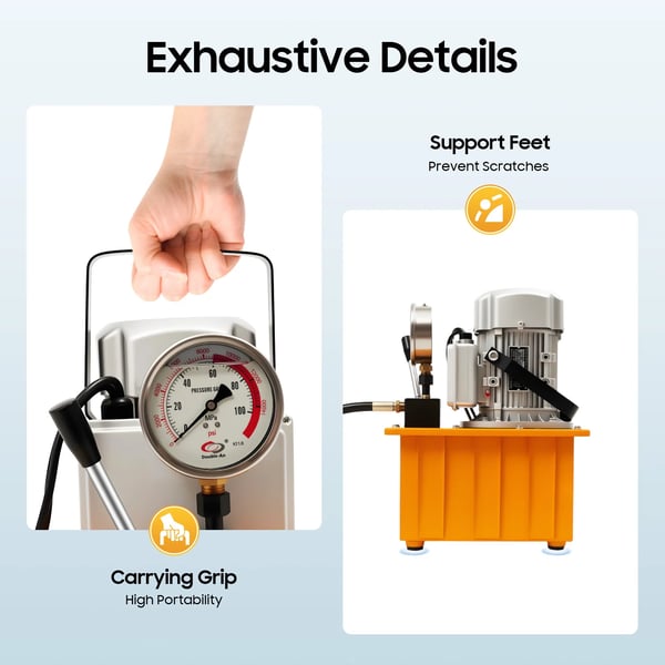 Elektrisk hydraulikpumpe - Højtrykspumpe - 700 bar - 7 l - 750 W - 220 V - Manuel ventil & fodpedal - EU-stik - Orange