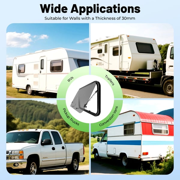Autocamper nødudgangsvindue - Rektangulært udadgående 90×55 cm - Til trailer & pickup-camper - Til 30 mm vægtykkelse - Sort
