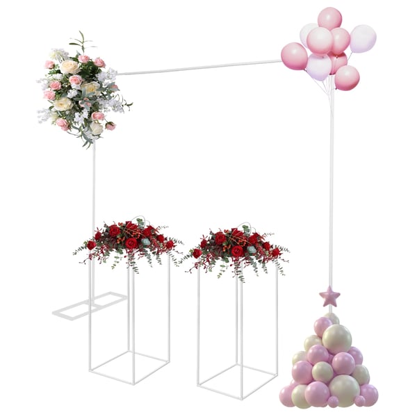 Ballonbue med 2 blomsterstandere - Stål baggrundsstativ sæt - Mål 2×2 m bue, 27×27×80 cm søjler - Bryllup Fest Photobooth - Hvid