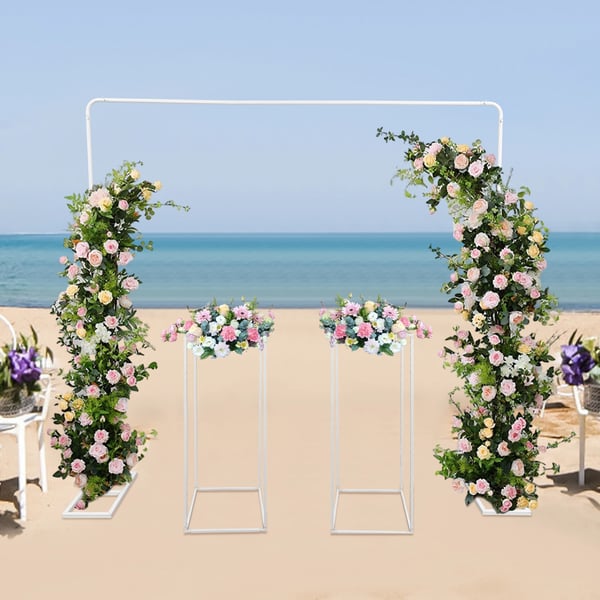 Ballonbue med 2 blomsterstandere - Stål baggrundsstativ sæt - Mål 2×2 m bue, 27×27×80 cm søjler - Bryllup Fest Photobooth - Hvid