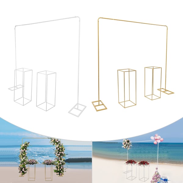 Ballonbue Stativ Sæt - Bryllupsbaggrund Ramme - 2×2 m Bue - 2 Blomsterstativer 27×27×80 cm - Stål - Guld