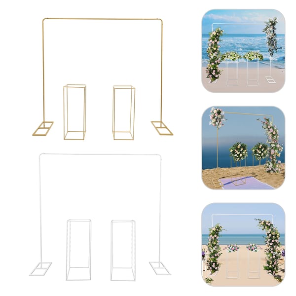 Ballonbue Stativ Sæt - Bryllupsbaggrund Ramme - 2×2 m Bue - 2 Blomsterstativer 27×27×80 cm - Stål - Guld