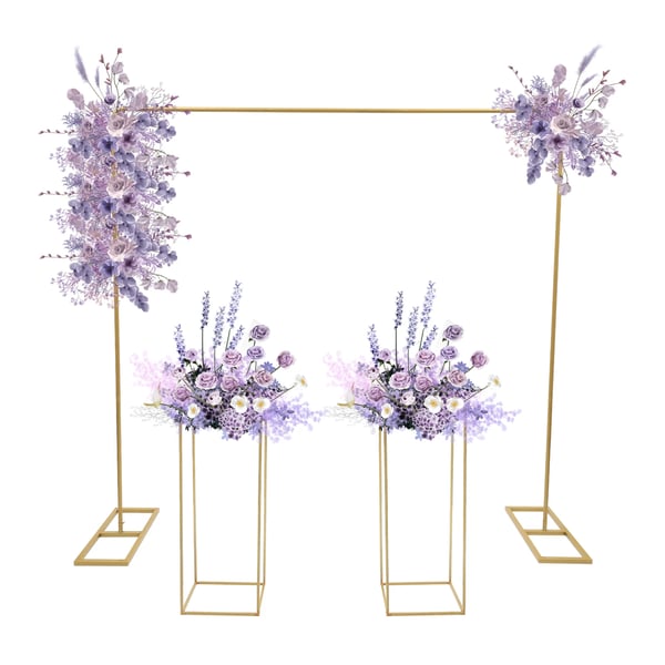 Ballonbue Stativ Sæt - Bryllupsbaggrund Ramme - 2×2 m Bue - 2 Blomsterstativer 27×27×80 cm - Stål - Guld