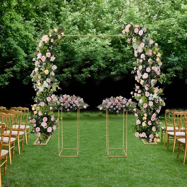 Ballonbue Stativ Sæt - Bryllupsbaggrund Ramme - 2×2 m Bue - 2 Blomsterstativer 27×27×80 cm - Stål - Guld