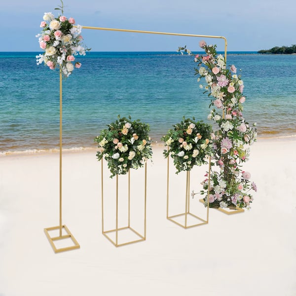 Ballonbue Stativ Sæt - Bryllupsbaggrund Ramme - 2×2 m Bue - 2 Blomsterstativer 27×27×80 cm - Stål - Guld