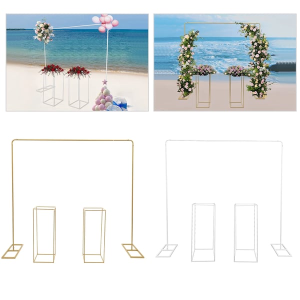 Ballonbue Stativ Sæt - Bryllupsbaggrund Ramme - 2×2 m Bue - 2 Blomsterstativer 27×27×80 cm - Stål - Guld