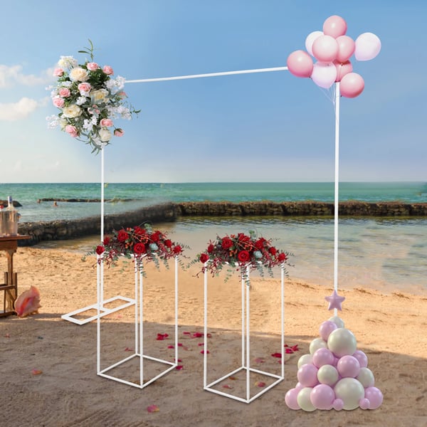 Ballonbue med 2 blomsterstandere - Stål baggrundsstativ sæt - Mål 2×2 m bue, 27×27×80 cm søjler - Bryllup Fest Photobooth - Hvid