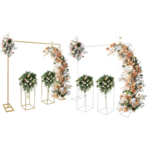 Ballonbue Stativ Sæt - Bryllupsbaggrund Ramme - 2×2 m Bue - 2 Blomsterstativer 27×27×80 cm - Stål - Guld