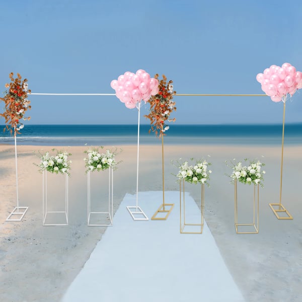 Ballonbue Stativ Sæt - Bryllupsbaggrund Ramme - 2×2 m Bue - 2 Blomsterstativer 27×27×80 cm - Stål - Guld