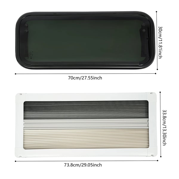 Vindue til autocamper & campingvogn - Udslagsvindue - 70×30 cm - Hærdet Glas - Aluminiumslegering - Skjult Plisseret Skærm - Sort