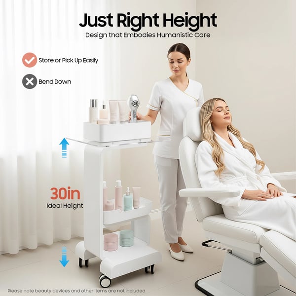 Skønhedssalon opbevaringsvogn - Rullevogn - 76 cm højde - Bæreevne 15 kg - Låsbare hjul - Metal/akryl - Hylde 37×47 cm - Hvid