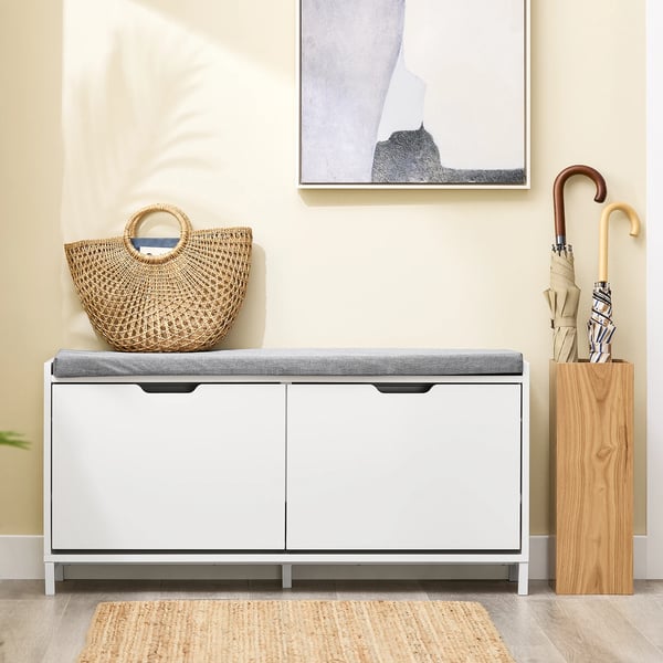 Skobänk - FSR151-L-W - Bänk med sits - Smalt skoställ med förvaring - MDF & stål - Max 250 kg - Mått 105×52×24 cm - Vit