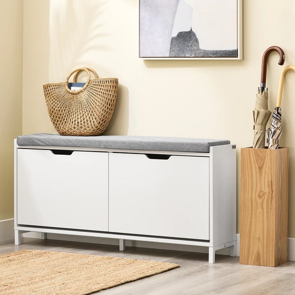 Skobänk - FSR151-L-W - Bänk med sits - Smalt skoställ med förvaring - MDF & stål - Max 250 kg - Mått 105×52×24 cm - Vit