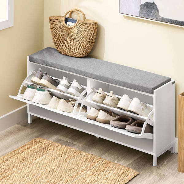 Skobänk - FSR151-L-W - Bänk med sits - Smalt skoställ med förvaring - MDF & stål - Max 250 kg - Mått 105×52×24 cm - Vit