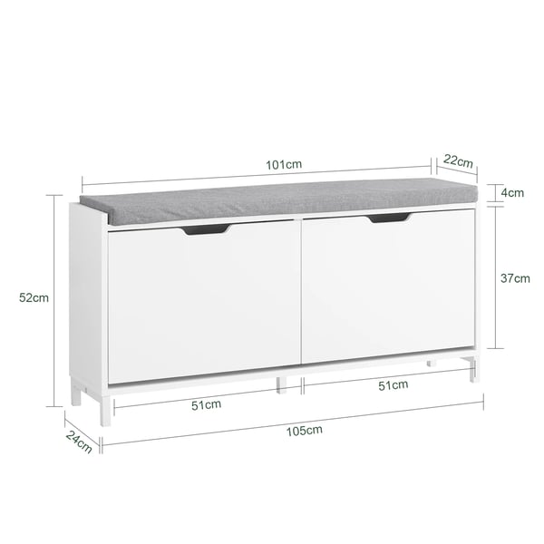 Skobänk - FSR151-L-W - Bänk med sits - Smalt skoställ med förvaring - MDF & stål - Max 250 kg - Mått 105×52×24 cm - Vit