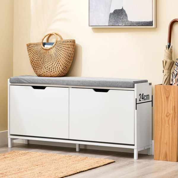 Skobänk - FSR151-L-W - Bänk med sits - Smalt skoställ med förvaring - MDF & stål - Max 250 kg - Mått 105×52×24 cm - Vit