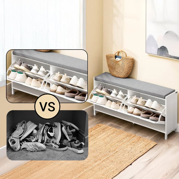 Skobänk - FSR151-L-W - Bänk med sits - Smalt skoställ med förvaring - MDF & stål - Max 250 kg - Mått 105×52×24 cm - Vit
