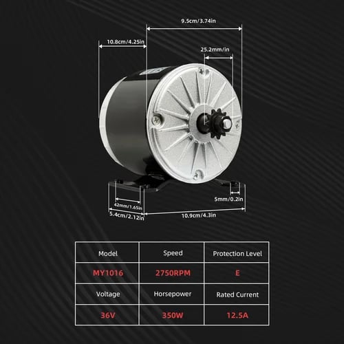 Elmotor til elscooter - DC 36V 350W - Hastighed 2700 o/min - Tandhjul 11T - Firepolet - Støbejern - Sort