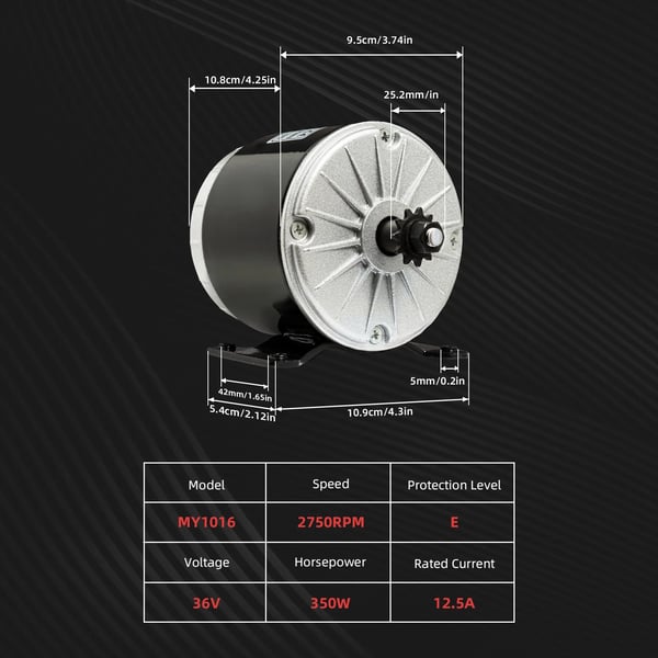 Elmotor til elscooter - DC 36V 350W - Hastighed 2700 o/min - Tandhjul 11T - Firepolet - Støbejern - Sort