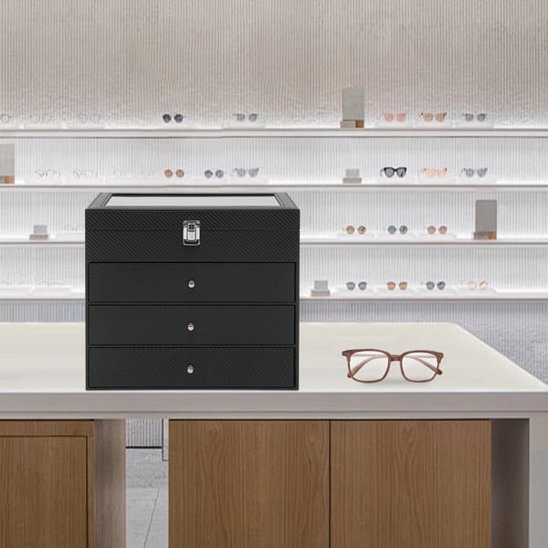 Brille Displayboks - Organizer 24 rum - Transparent glaslåg - PU-læder - Flanelfor - Rum 16×6×4 cm - 33,5×19×29,5 cm - Sort