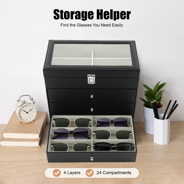 Brille Displayboks - Organizer 24 rum - Transparent glaslåg - PU-læder - Flanelfor - Rum 16×6×4 cm - 33,5×19×29,5 cm - Sort