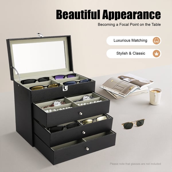 Brille Displayboks - Organizer 24 rum - Transparent glaslåg - PU-læder - Flanelfor - Rum 16×6×4 cm - 33,5×19×29,5 cm - Sort