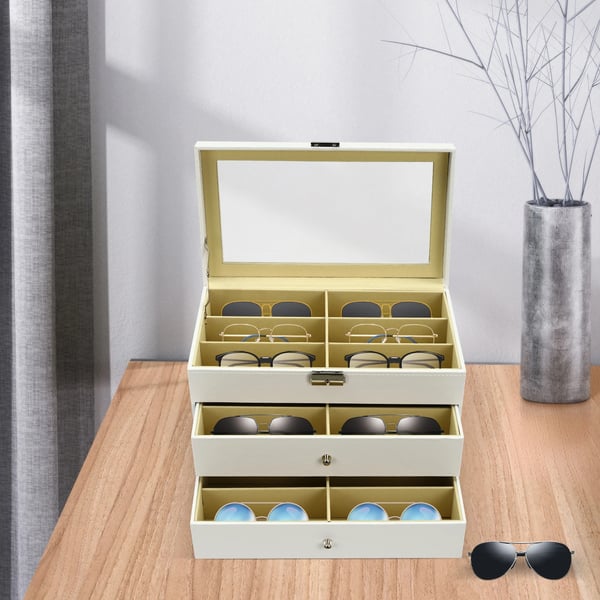Brilleboks - 3-lags opbevaringsboks - 18 rum - PU-læder - Lås med nøgle - 33,5×19×22,5 cm - Til solbriller - Hvid