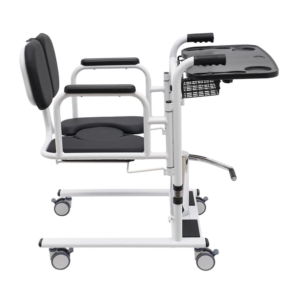 Forflytningskørestol - Hydraulisk løftestol - 150 kg kapacitet - Højde 30,2–46,2 cm - Ryglæn 180° åbning - Med toiletstol - Bord 55,8×33 cm - Sort