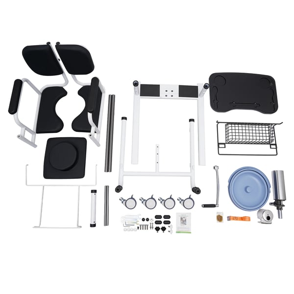 Forflytningskørestol - Hydraulisk løftestol - 150 kg kapacitet - Højde 30,2–46,2 cm - Ryglæn 180° åbning - Med toiletstol - Bord 55,8×33 cm - Sort