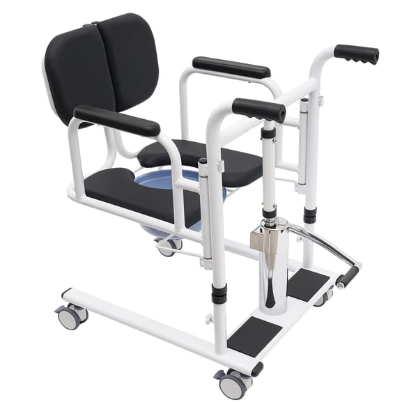 Forflytningskørestol - Hydraulisk løftestol - 150 kg kapacitet - Højde 30,2–46,2 cm - Ryglæn 180° åbning - Med toiletstol - Bord 55,8×33 cm - Sort