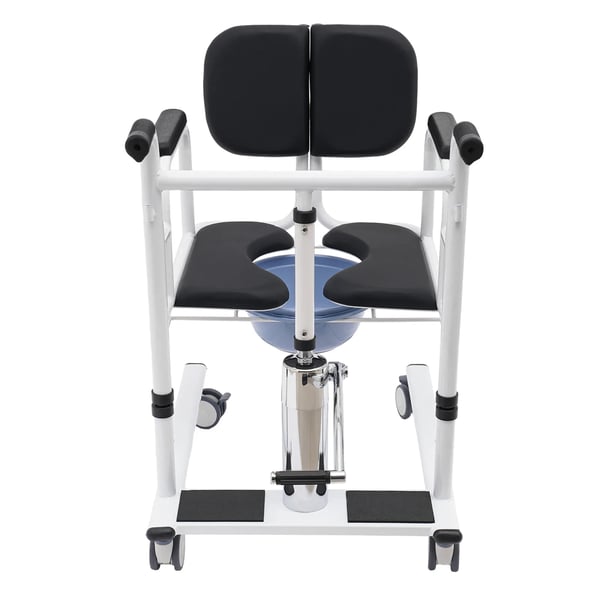 Forflytningskørestol - Hydraulisk løftestol - 150 kg kapacitet - Højde 30,2–46,2 cm - Ryglæn 180° åbning - Med toiletstol - Bord 55,8×33 cm - Sort