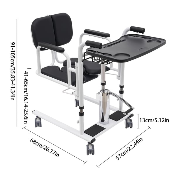 Forflytningskørestol - Hydraulisk løftestol - 150 kg kapacitet - Højde 30,2–46,2 cm - Ryglæn 180° åbning - Med toiletstol - Bord 55,8×33 cm - Sort