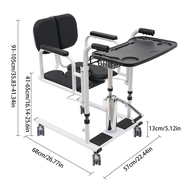 Forflytningskørestol - Hydraulisk løftestol - 150 kg kapacitet - Højde 30,2–46,2 cm - Ryglæn 180° åbning - Med toiletstol - Bord 55,8×33 cm - Sort