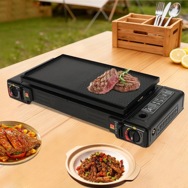 Campingkomfur - Dobbeltbrænder - 2500 W pr. brænder - Bærbar - Med bæretaske - Til udendørs madlavning, picnic og camping - Rød