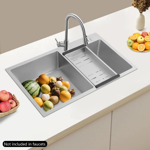 Vask i rustfrit stål - Dobbeltvask - Nedfældet/Underlimet - Kvadratisk - 78×43×21 cm - Med kurvsi & rør - Uden armatur - Sølv