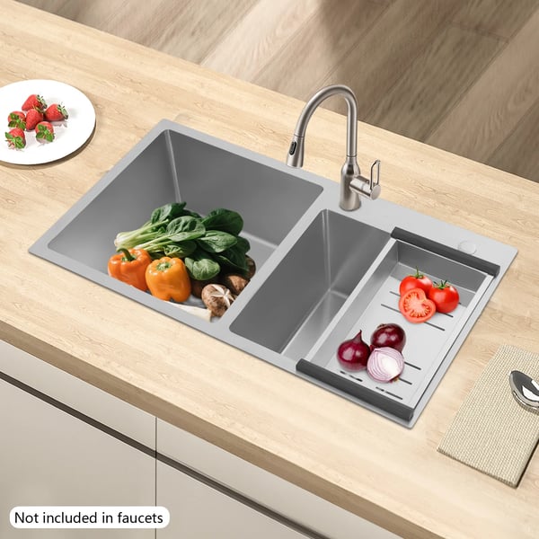 Vask i rustfrit stål - Dobbeltvask - Nedfældet/Underlimet - Kvadratisk - 78×43×21 cm - Med kurvsi & rør - Uden armatur - Sølv