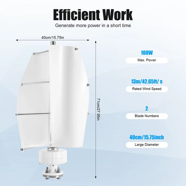 Vindmølle - Vertikalakslet vindgenerator - Med laderegulator - 100 W - 24 V - 40×71 cm - Hvid