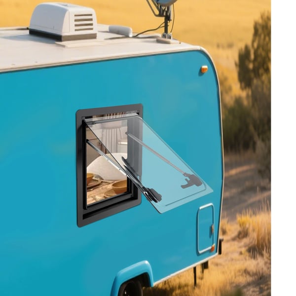 Campingvogn/Autocamper sidevindue - Udslående ventilationsvindue - Størrelse 450×500 mm - Åbning 70° - Væg 25–35 mm - Sort ude, hvid inde