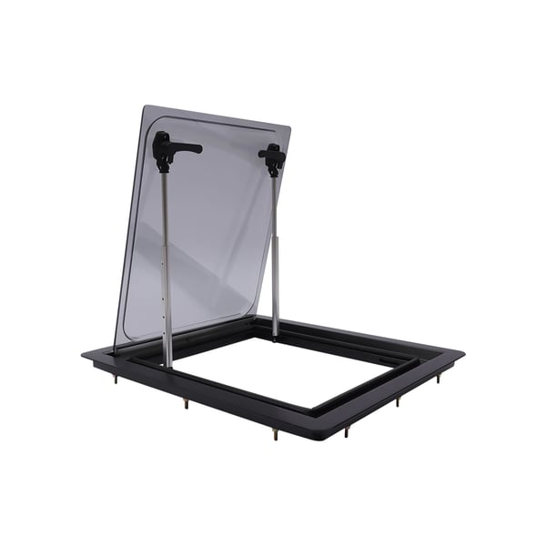 Campingvogn/Autocamper sidevindue - Udslående ventilationsvindue - Størrelse 450×500 mm - Åbning 70° - Væg 25–35 mm - Sort ude, hvid inde
