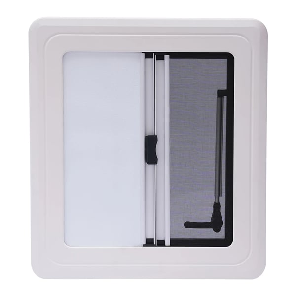 Campingvogn/Autocamper sidevindue - Udslående ventilationsvindue - Størrelse 450×500 mm - Åbning 70° - Væg 25–35 mm - Sort ude, hvid inde