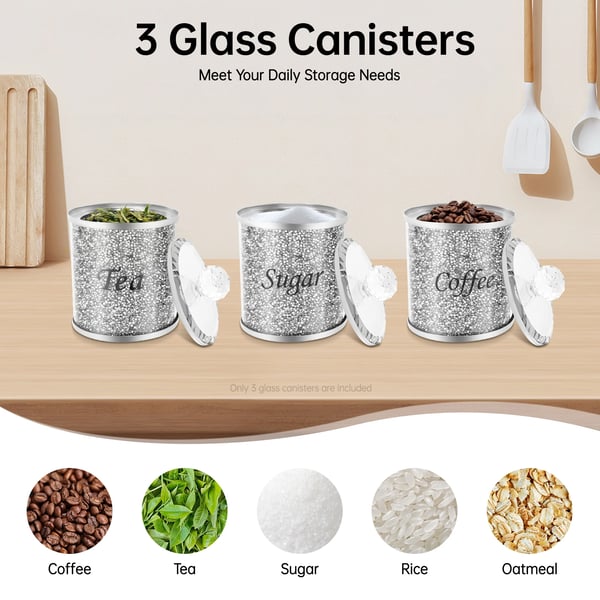 Opbevaringskrukker i glas - Sæt med 3 - Lufttætte - Låg i rustfrit stål - Elegant design - Til sukker kaffe korn