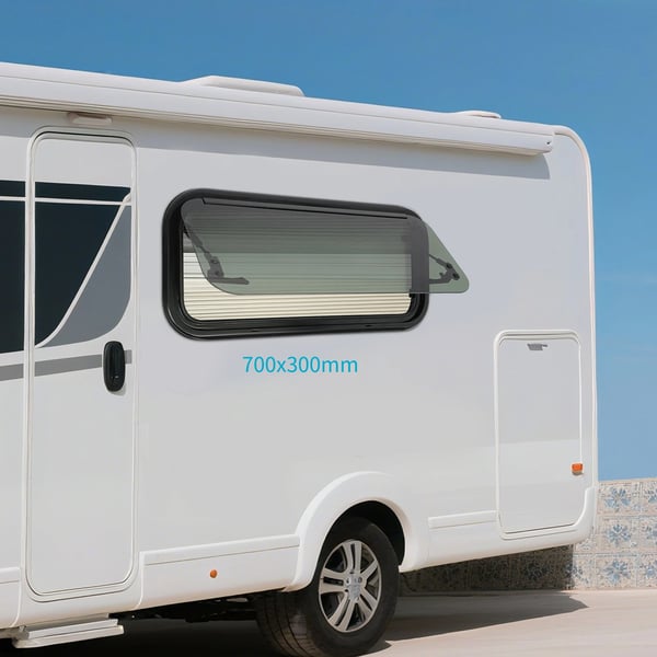 Autocamper/Campingvogn Vindue - Udslagsvindue - Insektnet - Hærdet glas - Sandwichmontering - Åbningsvinkel 85° - Udsnit 70×30 cm - Hvid/Sort