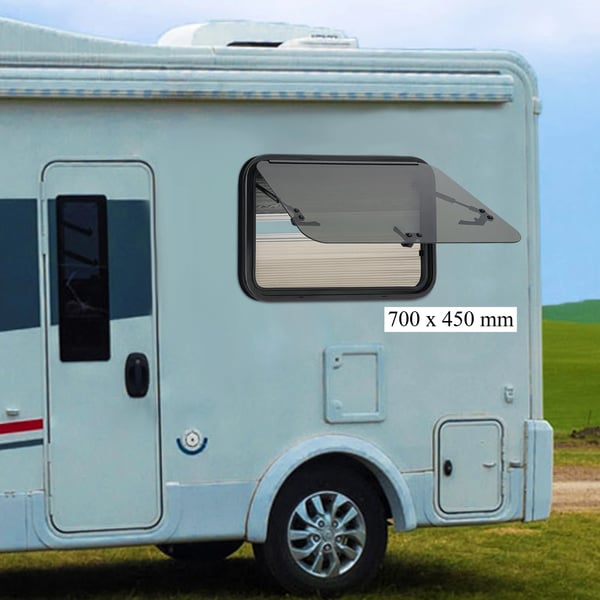 Autocamper/Caravan vindue - Udslåeligt med insektnet - Udsnit 70×45 cm - Sandwichmontering - Hærdet glas - 30–40 mm væg - Hvid+sort
