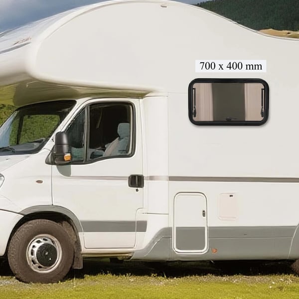 Campingvogn/Autocamper Sidevindue - Udadgående Vindue - Størrelse 70×40 cm - Insektnet - Åbning 80–85° - Klemmontering - Hvid/Sort