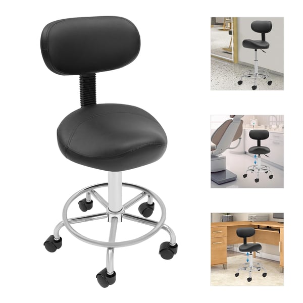 Sadelstol - Barstol med ryglæn - 360° Drejbar - Højdejusterbar 45–59 cm - 5 Hjul - Maks belastning 150 kg - Ergonomisk 15° Ryglæn - Sort