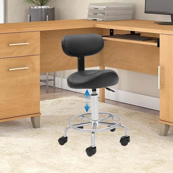 Sadelstol - Barstol med ryglæn - 360° Drejbar - Højdejusterbar 45–59 cm - 5 Hjul - Maks belastning 150 kg - Ergonomisk 15° Ryglæn - Sort