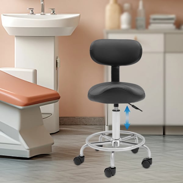 Sadelstol - Barstol med ryglæn - 360° Drejbar - Højdejusterbar 45–59 cm - 5 Hjul - Maks belastning 150 kg - Ergonomisk 15° Ryglæn - Sort